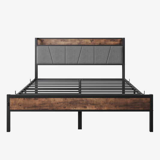 Queen Platform Bed with Charging Station – Vintage Brown
