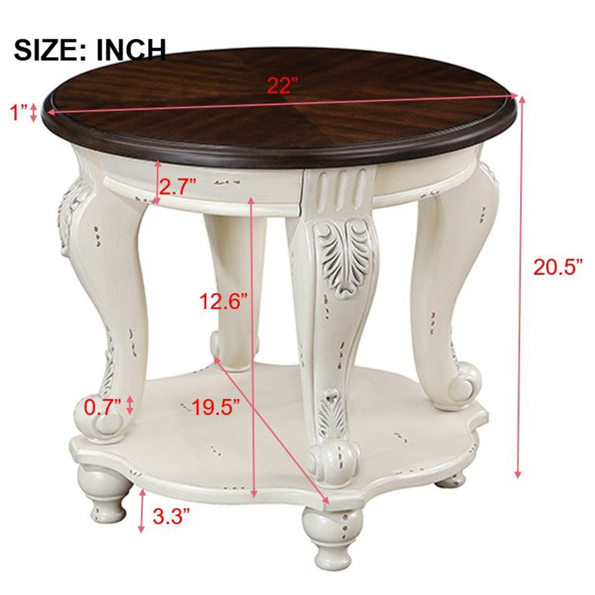 Antique White Round End Table – 22" Solid Rubberwood with Cabriole Legs & Shelf
