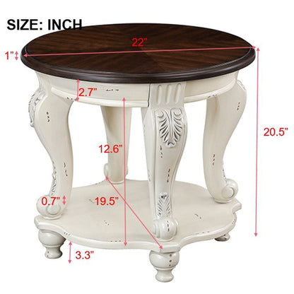 Antique White Round End Table – 22" Solid Rubberwood with Cabriole Legs & Shelf