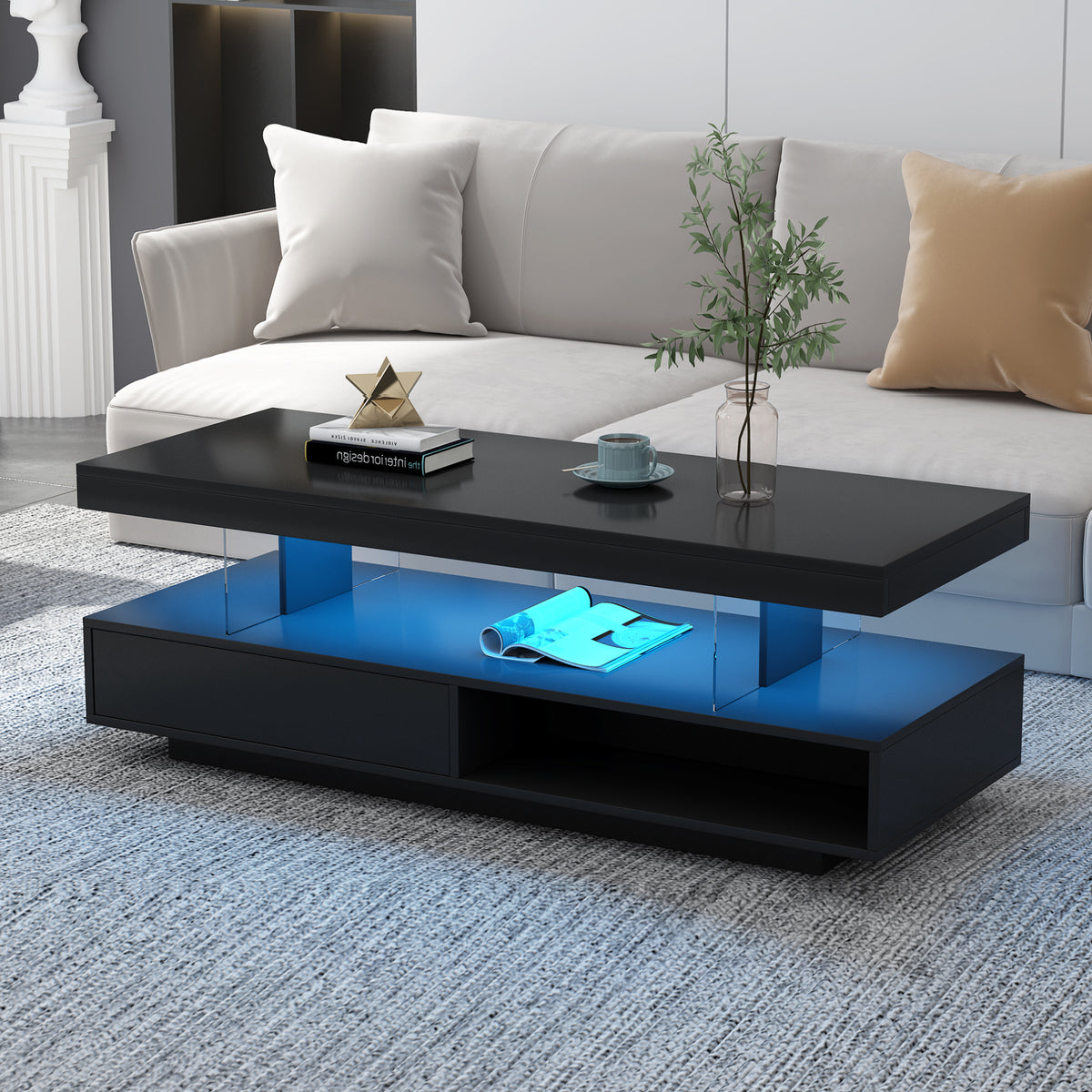 LED Coffee Table with Display and Storage Black