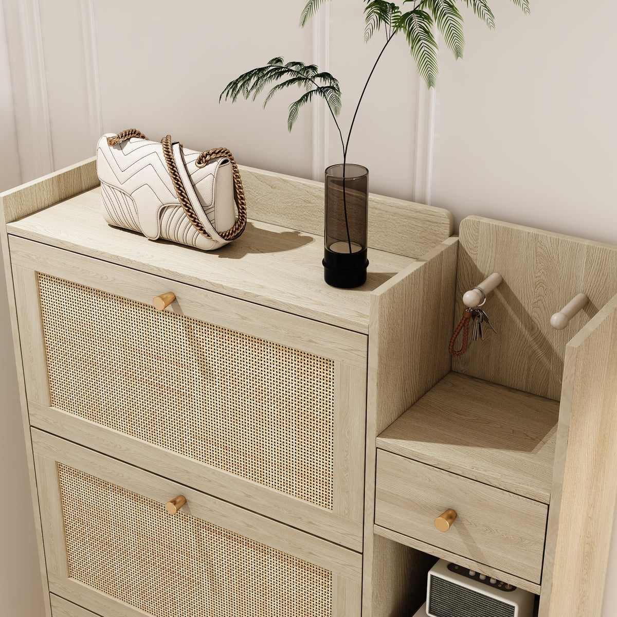 Bohemian Shoe Cabinet with Rattan Flip Drawers Natural