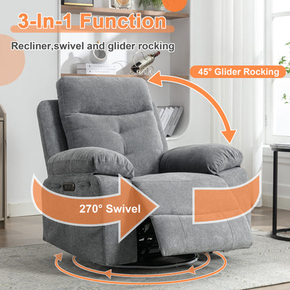 Light Gray 270° Swivel Power Recliner Chair – Linen Upholstery with Bluetooth, LED, USB Charging & Storage