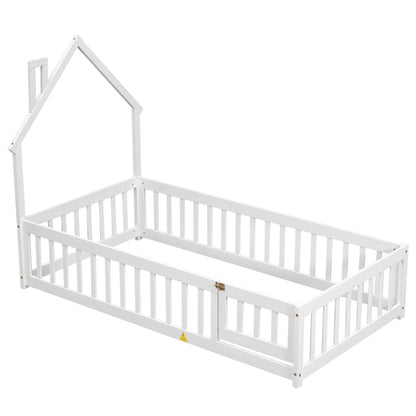 Twin Floor Bed with Fence – White Finish