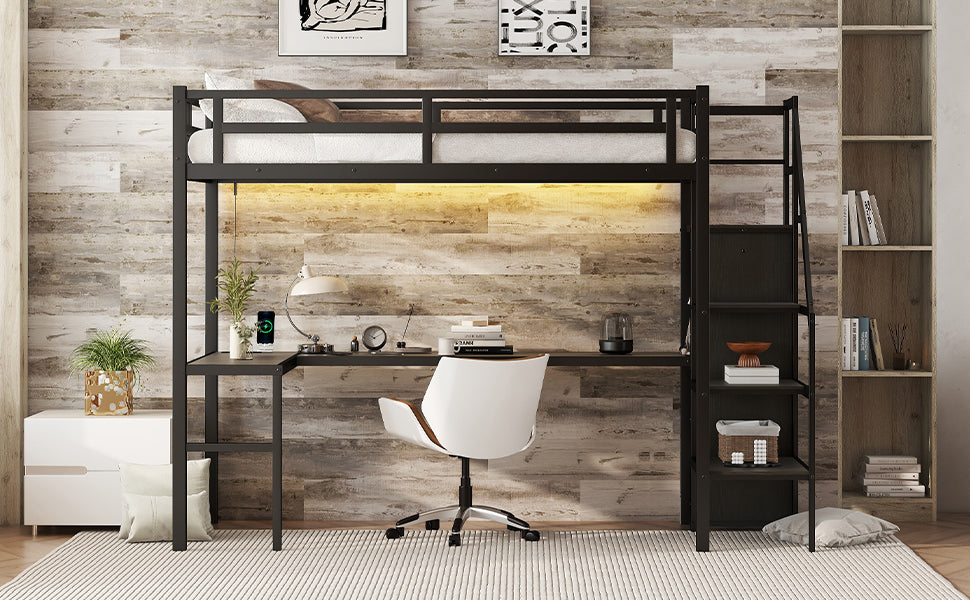 Loft Bed with USB and Adjustable Shelf Black