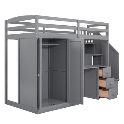 Twin Loft Bed with Wardrobe Gray