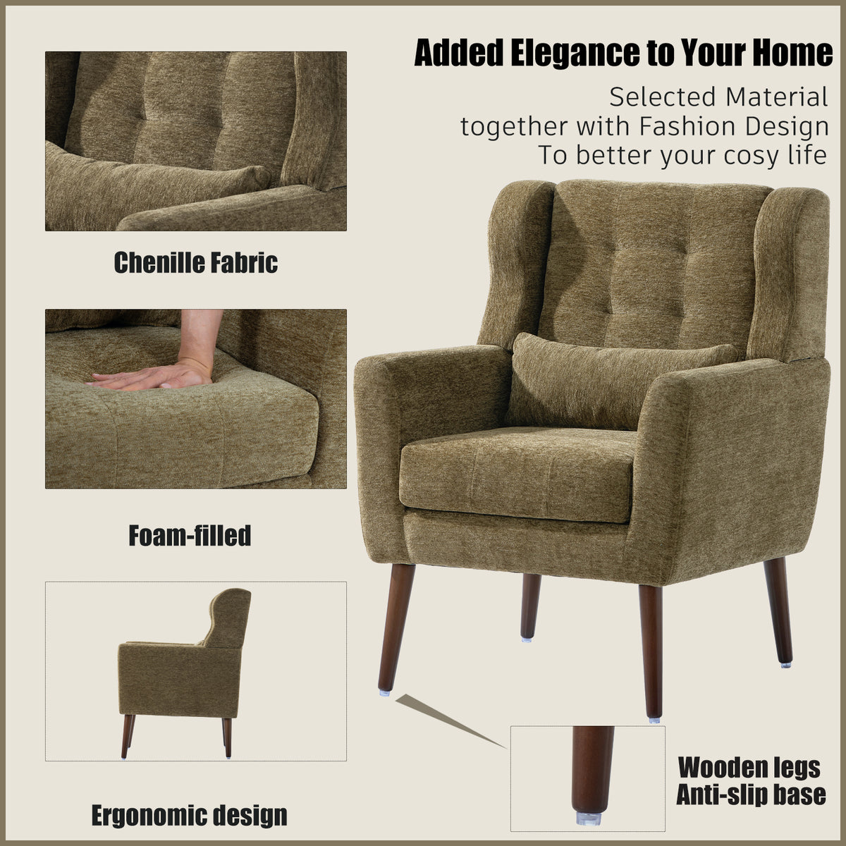 Upholstered Modern Accent Chair Foam Filled Gray