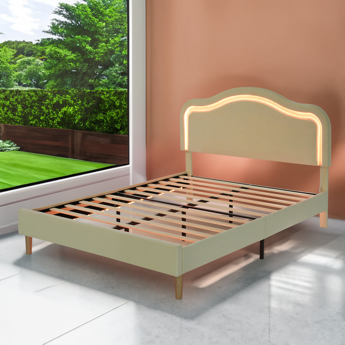 Beige Velvet LED Bed Frame