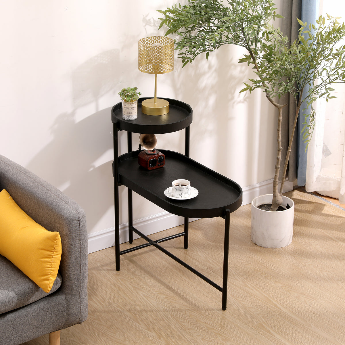 Black End Table with Storage and Metal Frame