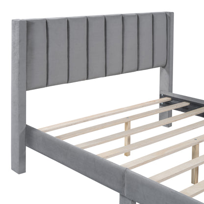 Velvet Platform Bed with Storage Drawer Gray