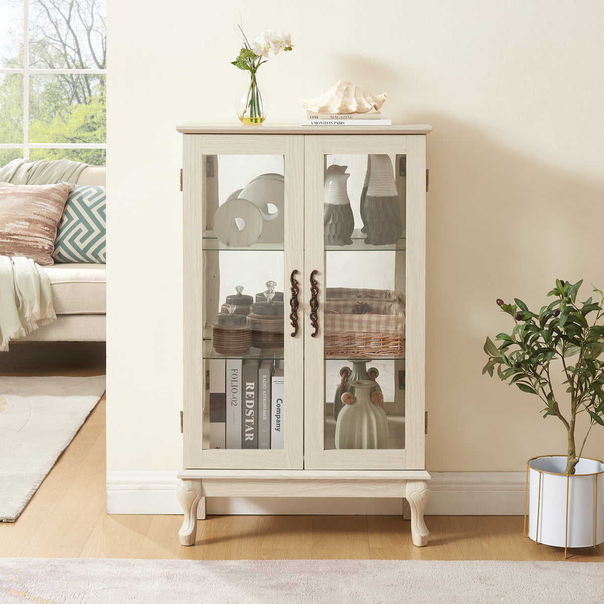 Dual Door Curio Display Cabinet with Adjustable Glass Shelves White