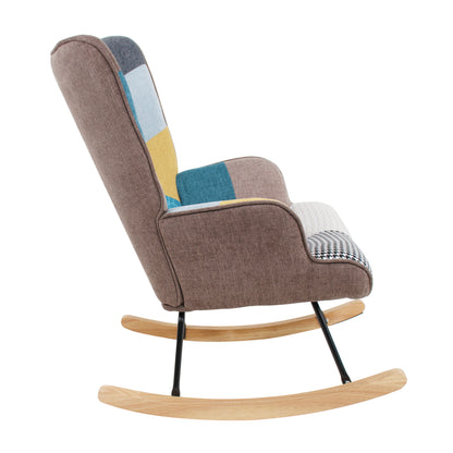 Mid-Century Rocking Chair with Ottoman – Patchwork Linen