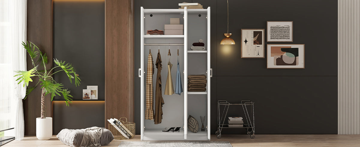 White 3-Door Wardrobe with Center Mirror – Particle Board Closet Organizer with Hanging Space