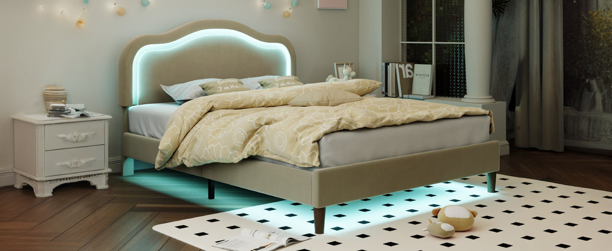 Beige Velvet LED Bed Frame