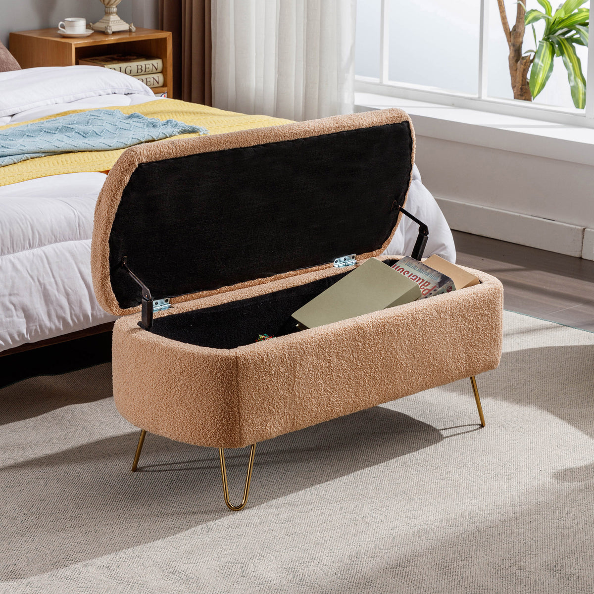 Camel Ottoman Bench with Gold Legs