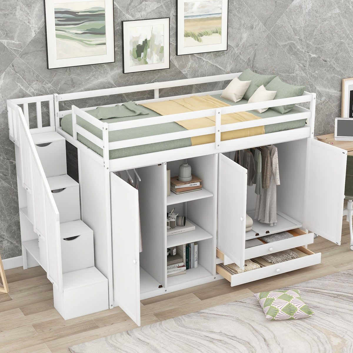 White Loft Bed with Storage and Ladder