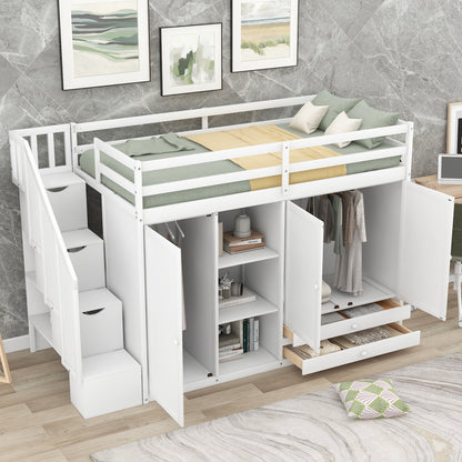 White Loft Bed with Storage and Ladder