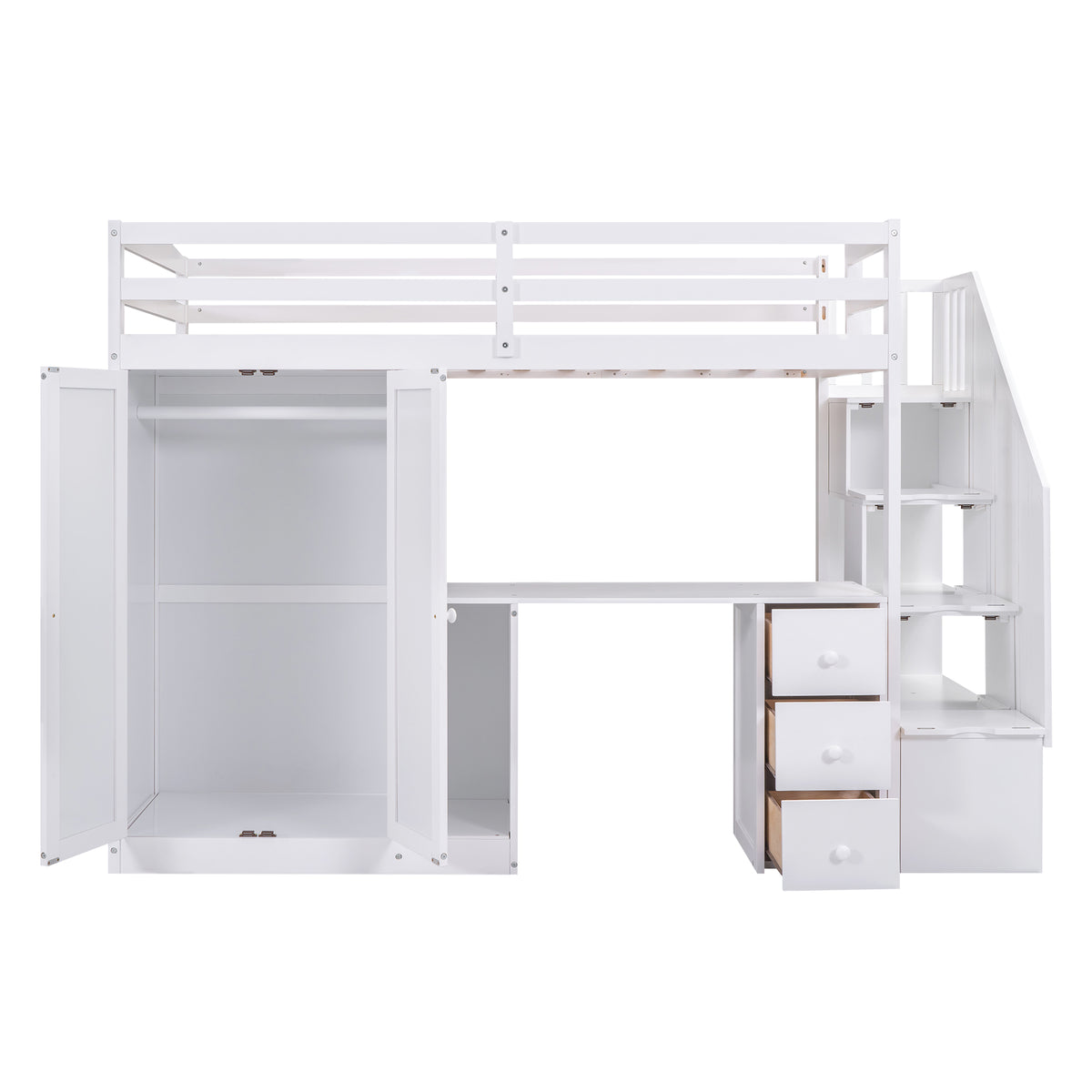 Loft Bed with Wardrobe and Storage Drawers White