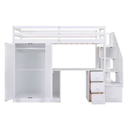 Loft Bed with Wardrobe and Storage Drawers White