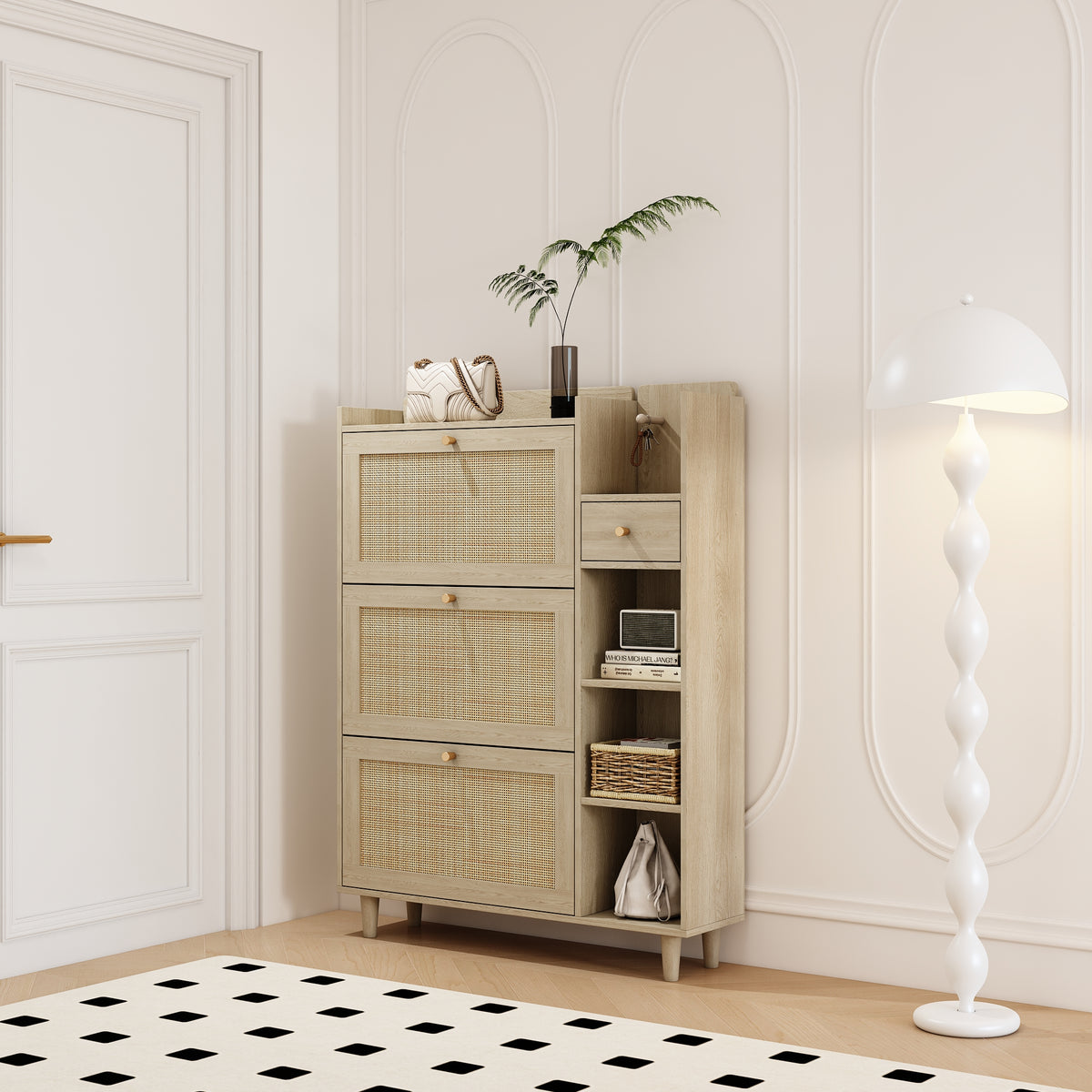 Bohemian Shoe Cabinet with Rattan Flip Drawers Natural