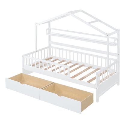 Twin House Bed with Storage Shelf White