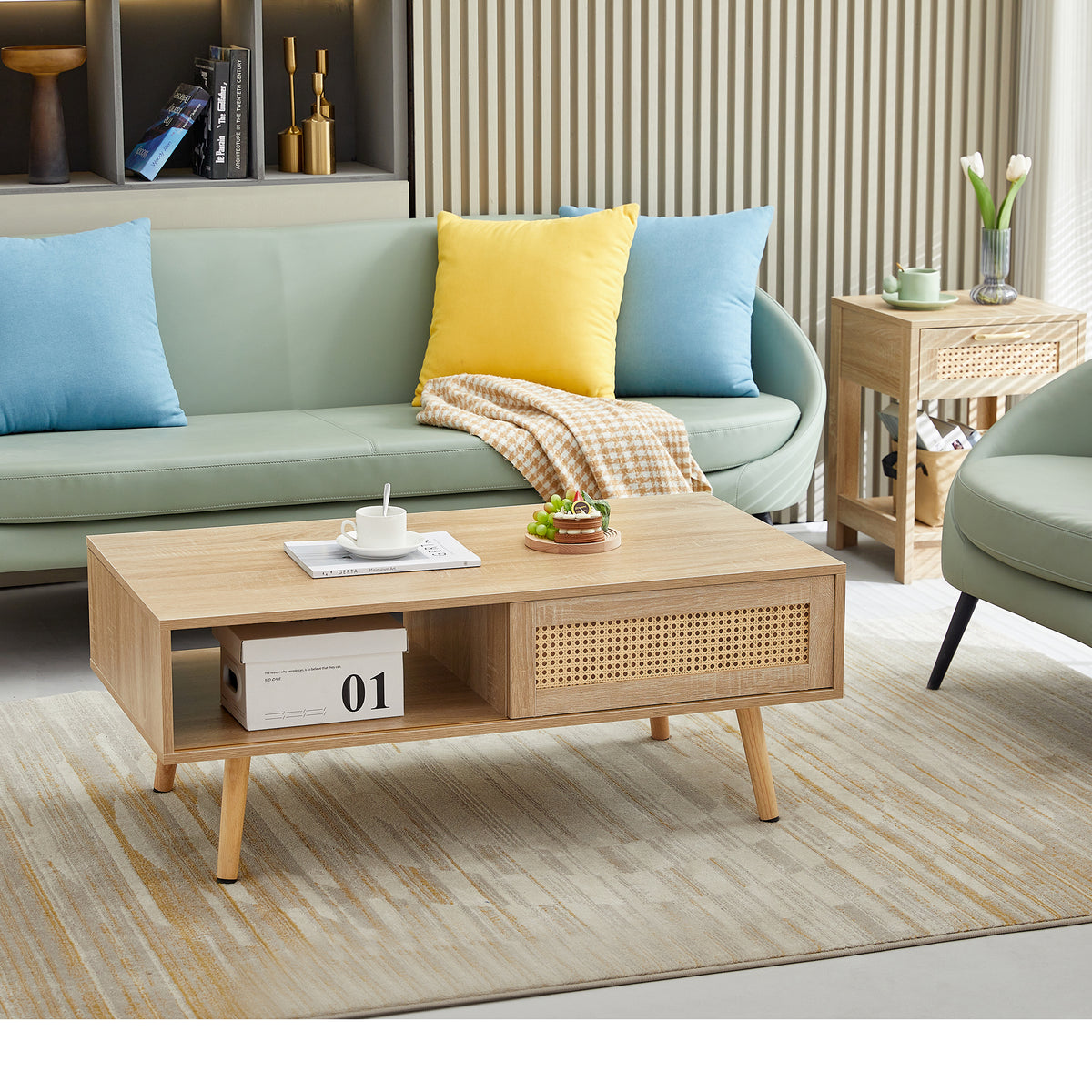 Rattan Coffee Table with Sliding Door Storage