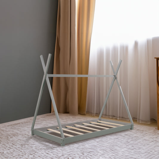 Twin Size Gray House Platform Bed with Triangle Roof