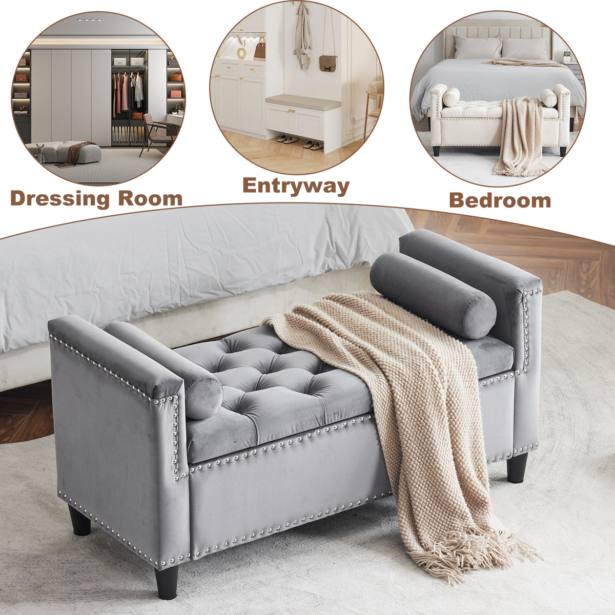 Velvet Storage Bench with Nailhead Trim Gray
