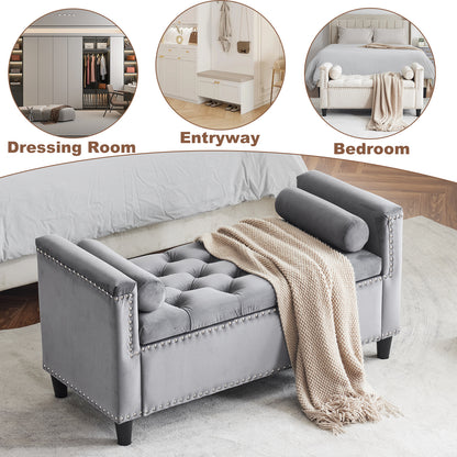 Velvet Storage Bench with Nailhead Trim Gray