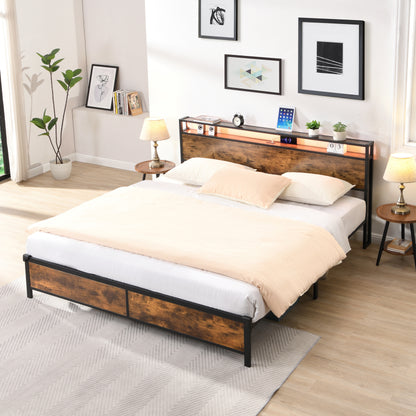 Industrial Storage Bed with LED & USB – Rustic Brown