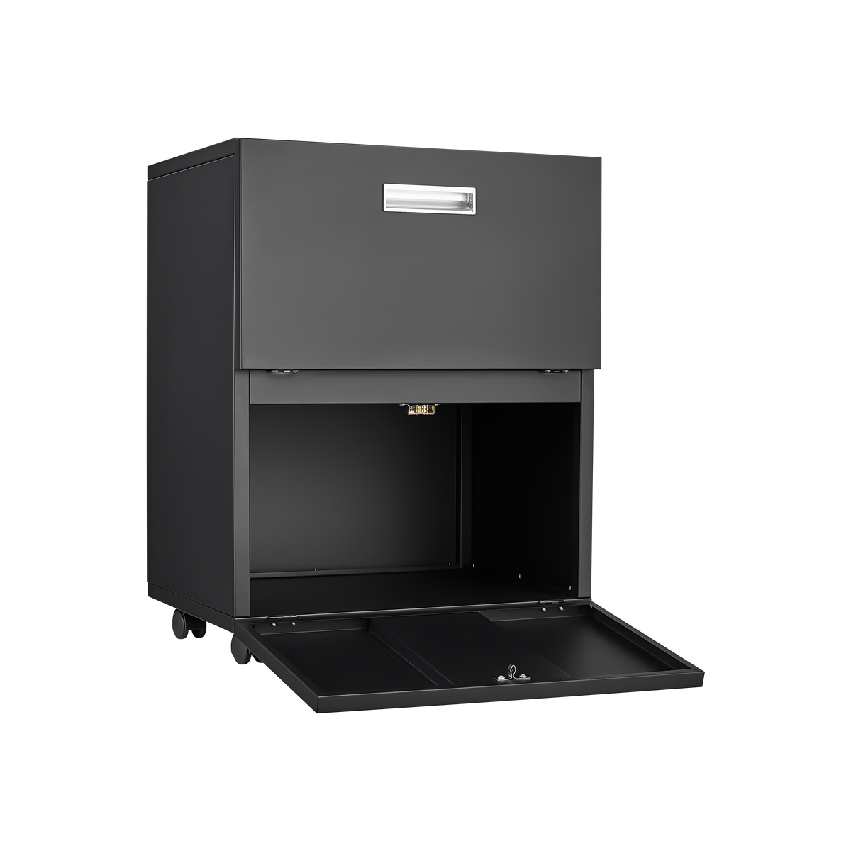 Black Mobile Copier Cabinet – 2-Door Steel File & Printer Stand with Locking Wheels