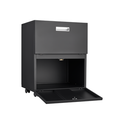 Black Mobile Copier Cabinet – 2-Door Steel File & Printer Stand with Locking Wheels
