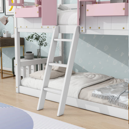 Twin House Bunk Bed with Ladder Pink White