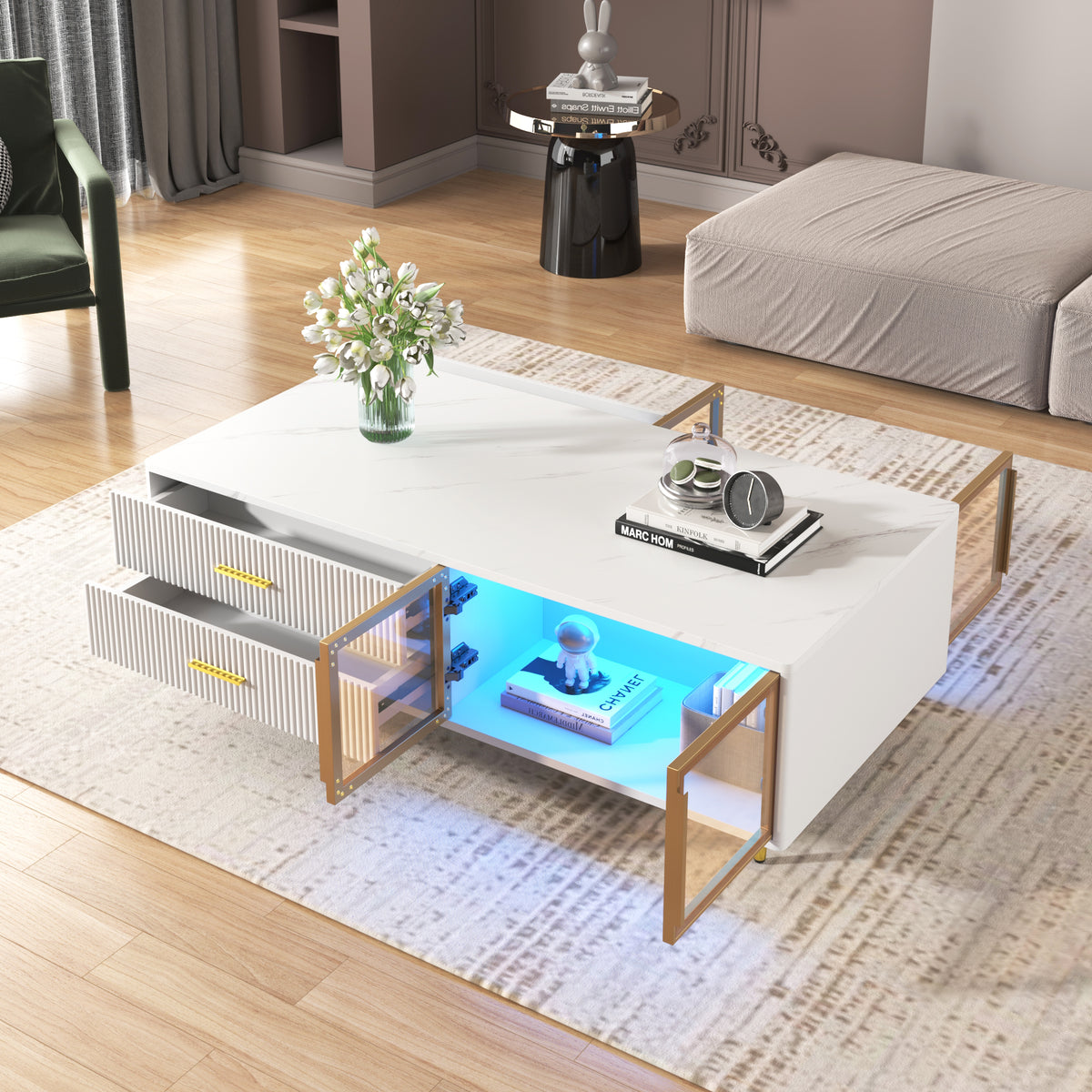 White Coffee Table with Storage Drawers