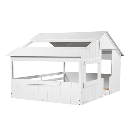 Full Wood Bed with Roof Frame White