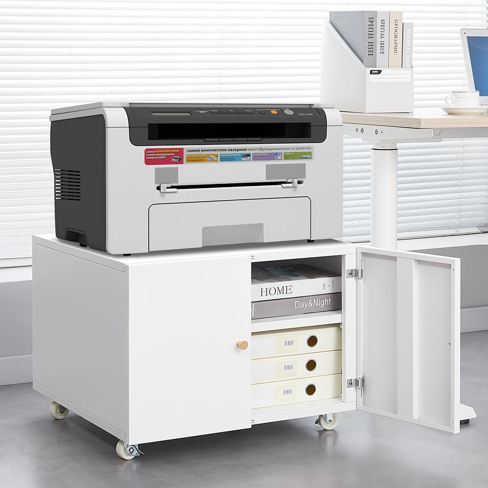 White Mobile Copier Cabinet – 2-Door File & Printer Stand with Wheels