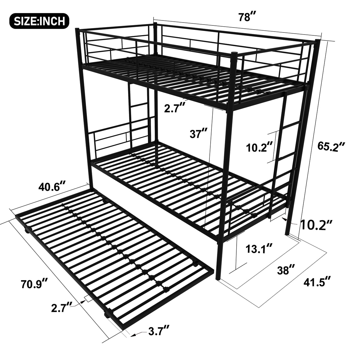 Twin Bunk Bed with Trundle Reinforced Frame