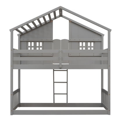 Twin House Bunk Bed with Ladder Grey