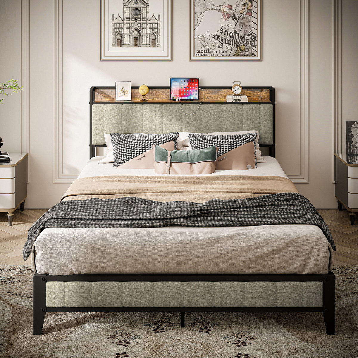 Queen Platform Bed with Charging Station – Grey