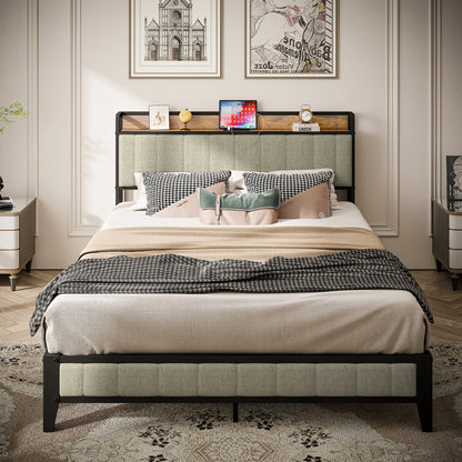 Queen Platform Bed with Charging Station – Grey