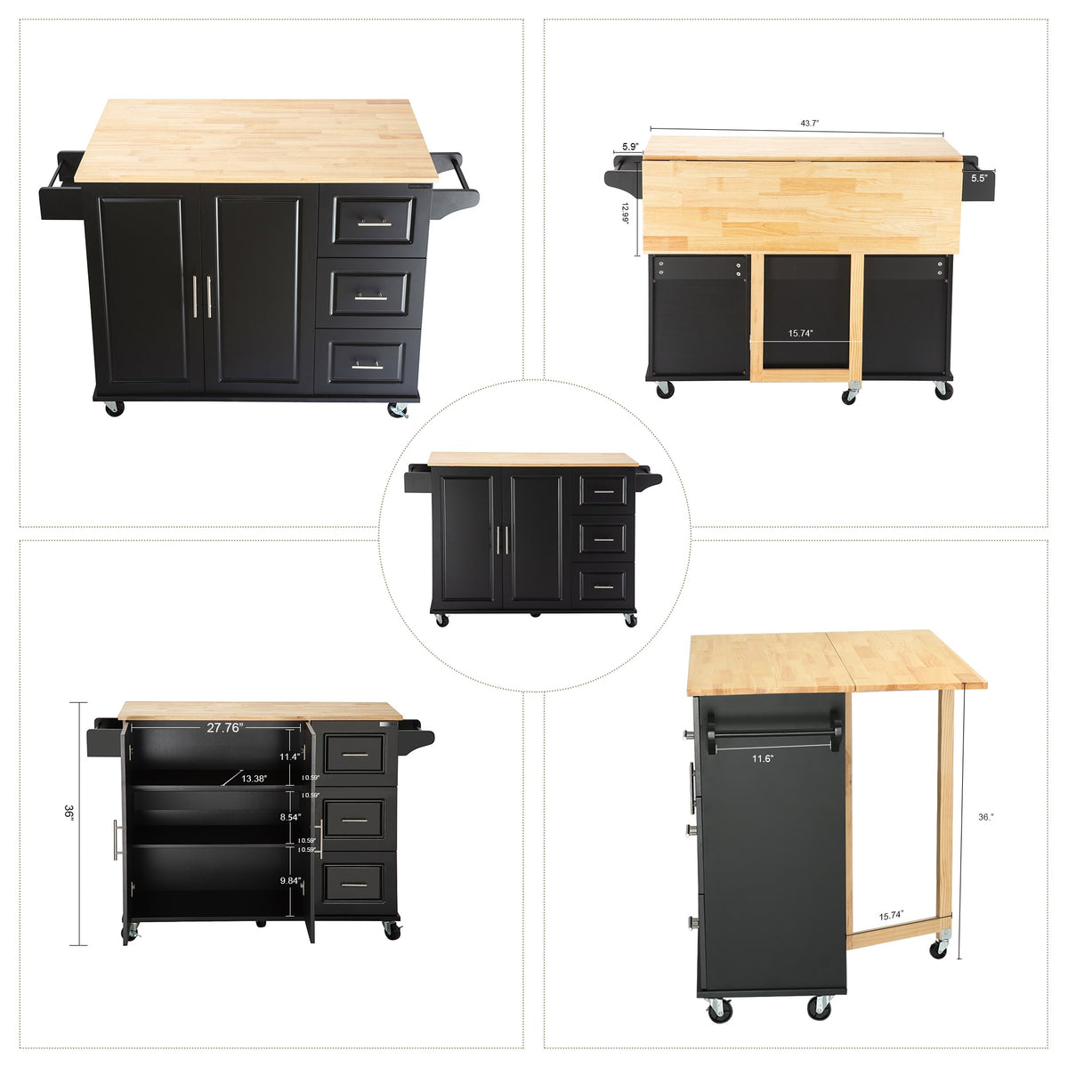 Extendable Kitchen Island with Rubber Wood Top