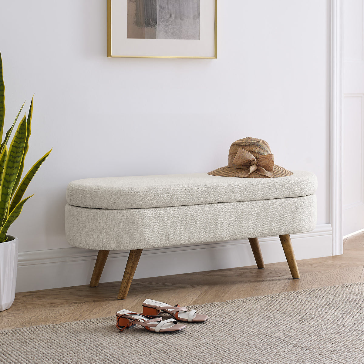 Oval Lift-Top Storage Ottoman – Beige
