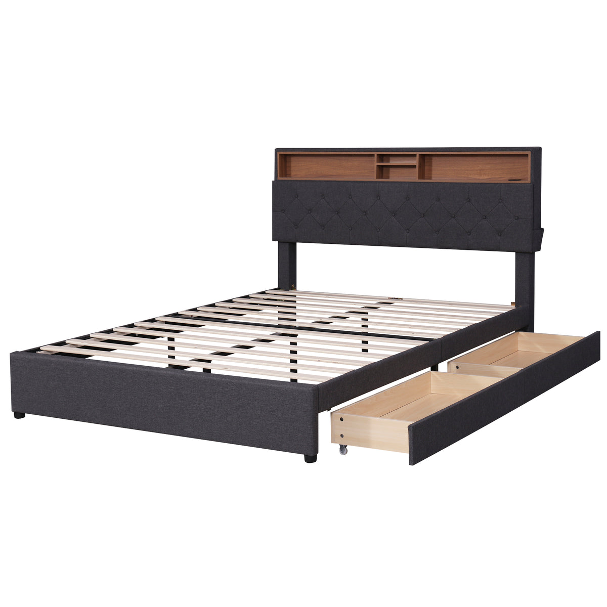 Queen LED Upholstered Storage Bed – Dark Gray