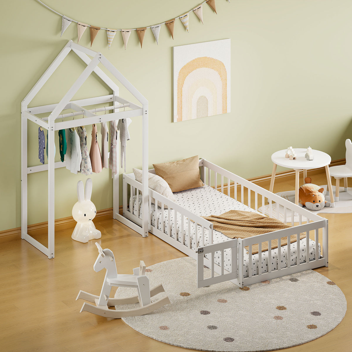 Wooden Twin Bed with Clothes Drying Rack Pink