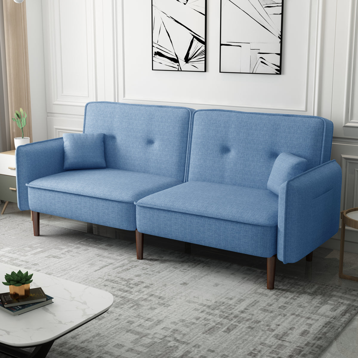 Blue Fabric Living Room Futon Sofa Bed