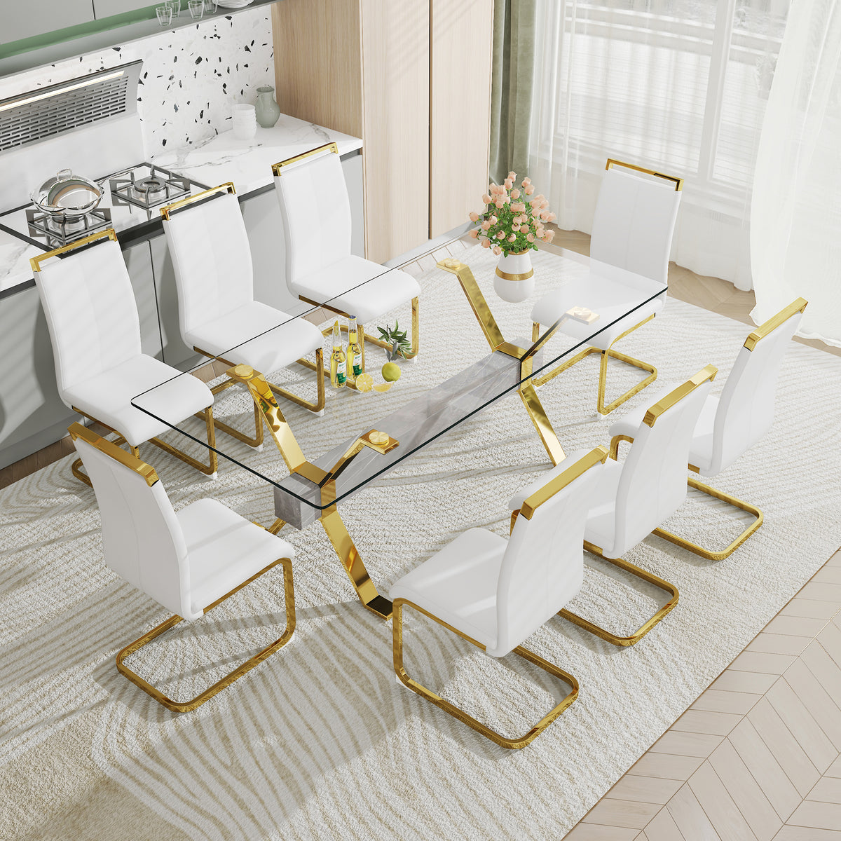 Glass Dining Table with Gold Metal Legs