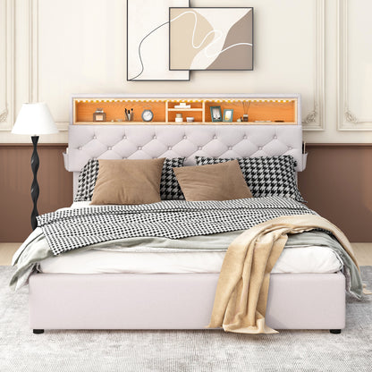 Queen LED Upholstered Storage Bed – Beige