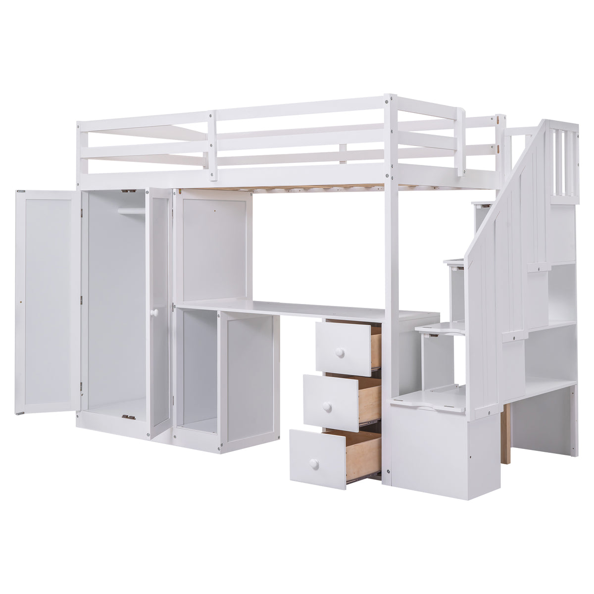 Loft Bed with Wardrobe and Storage Drawers White