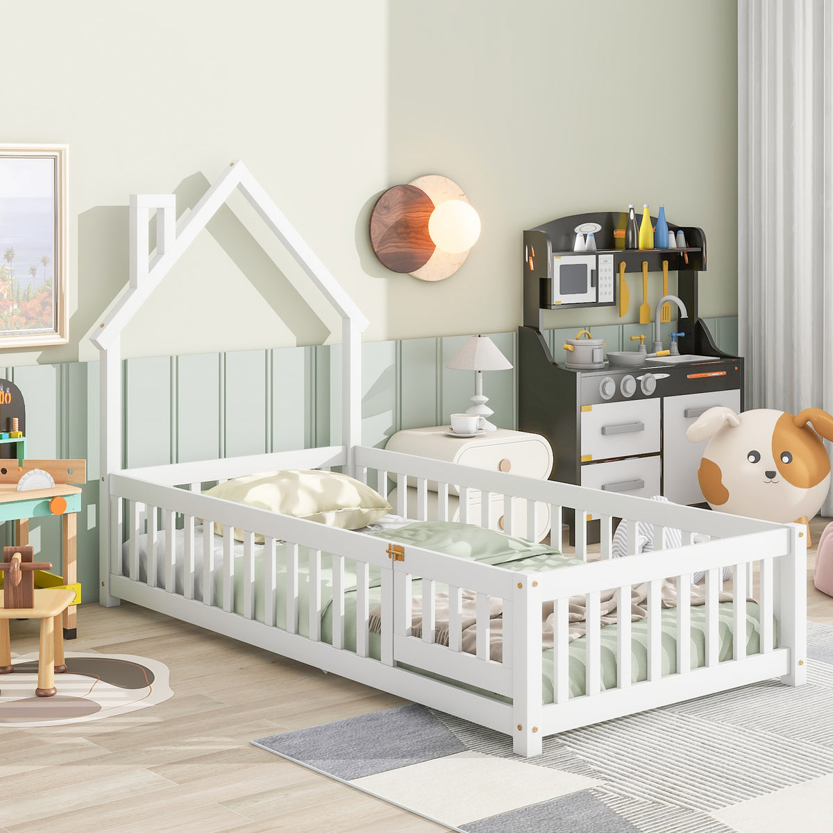 Twin Floor Bed with Fence – White Finish