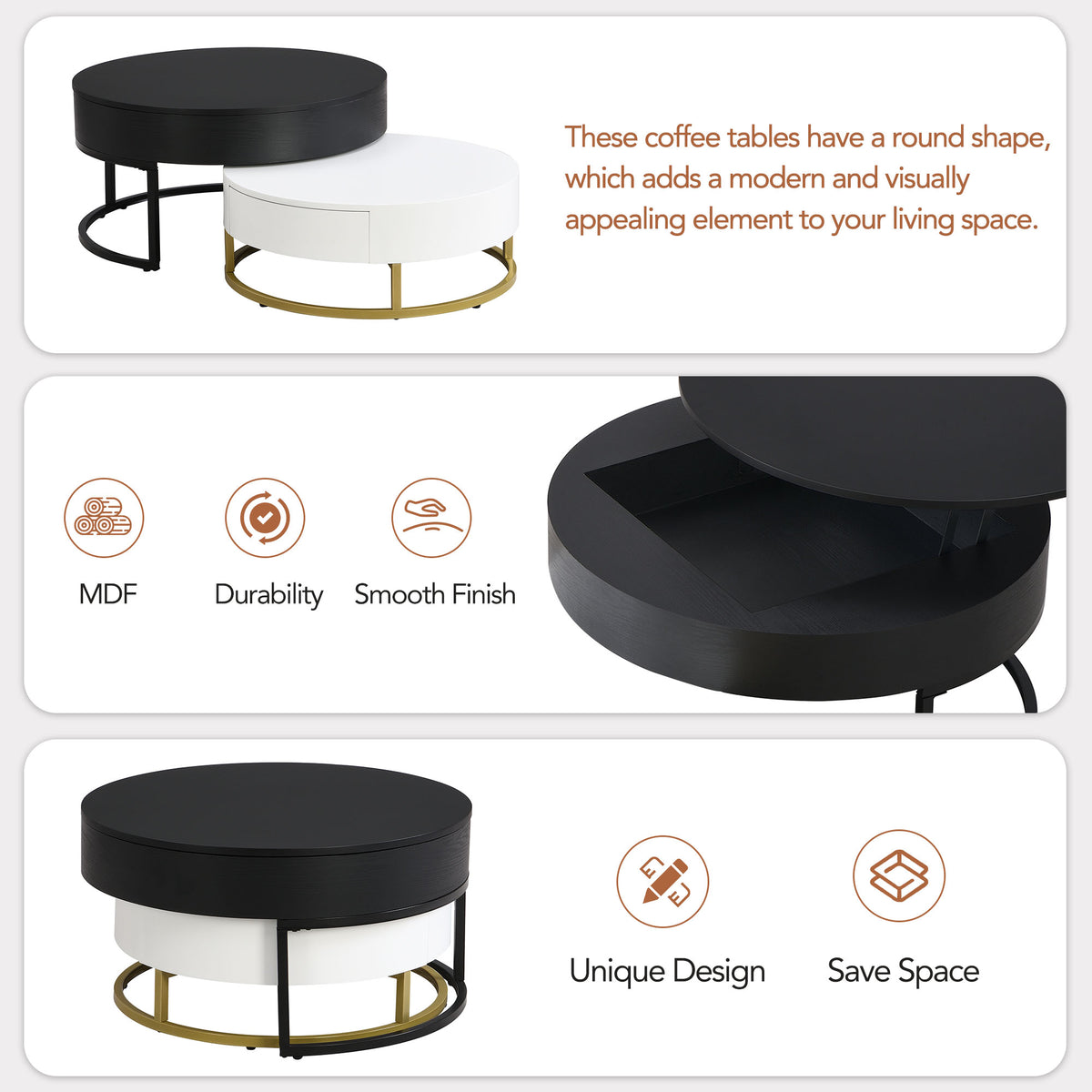 Lift-Top Coffee Tables with Drawers Black