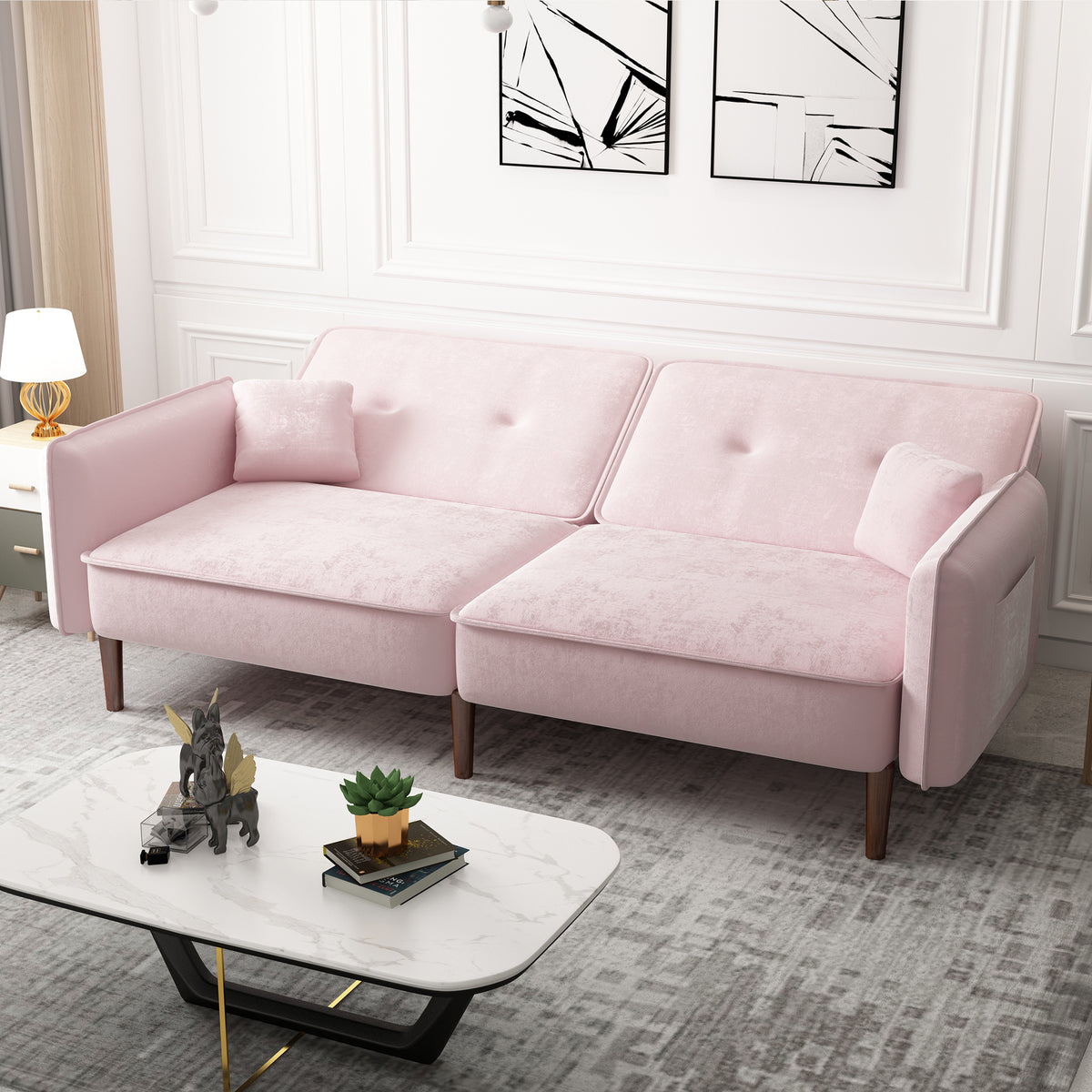 Pink Velvet Convertible Sofa Bed – Wood Legs